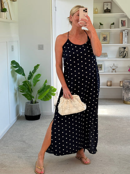 Navy/White Polka Dot Strappy Maxi Dress