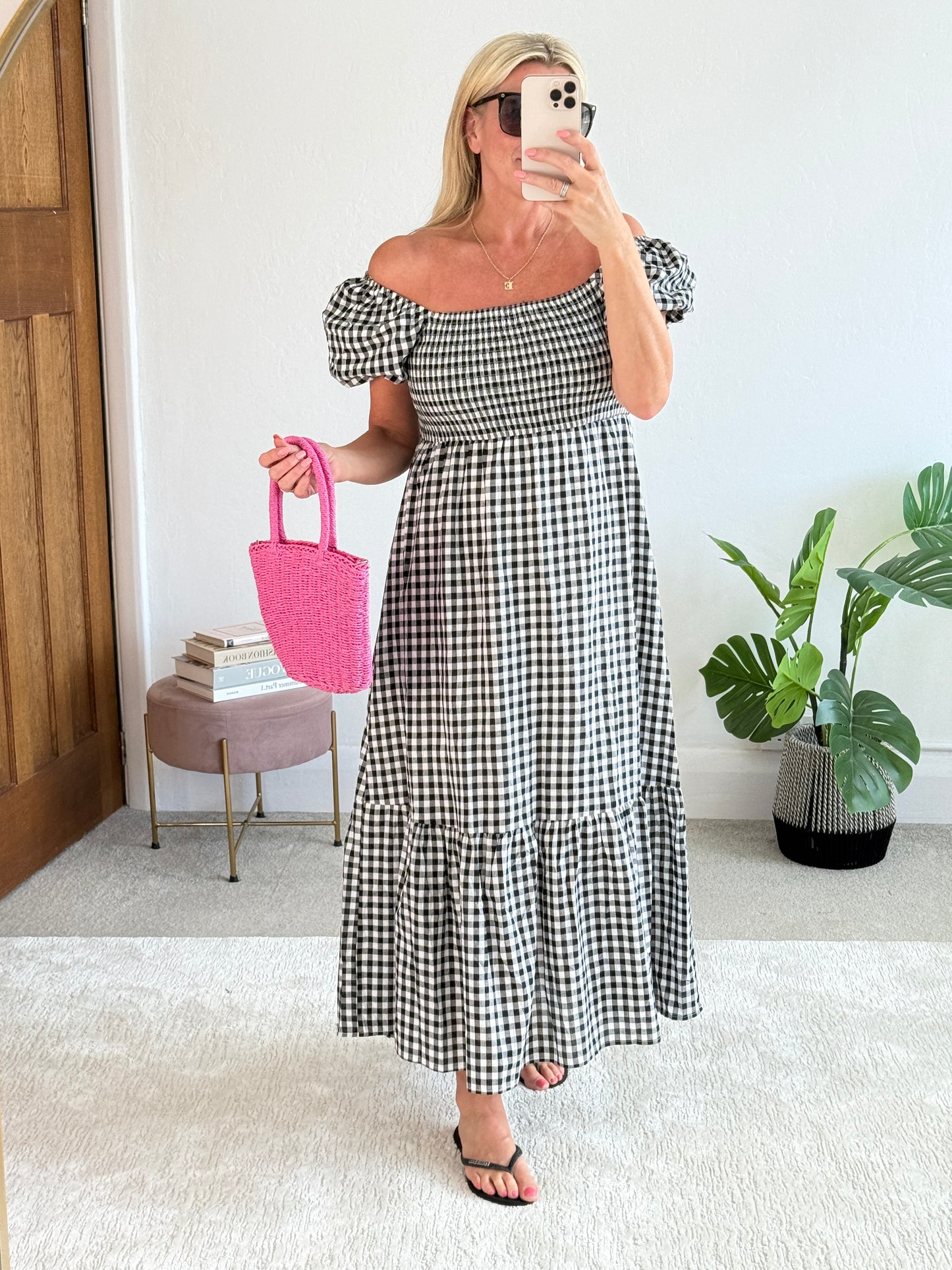 Black/White Gingham Bardot Maxi Dress