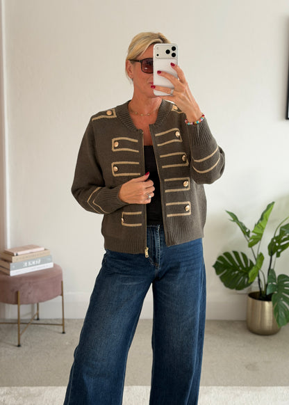 Khaki Military Zip Front Knitted Cardi