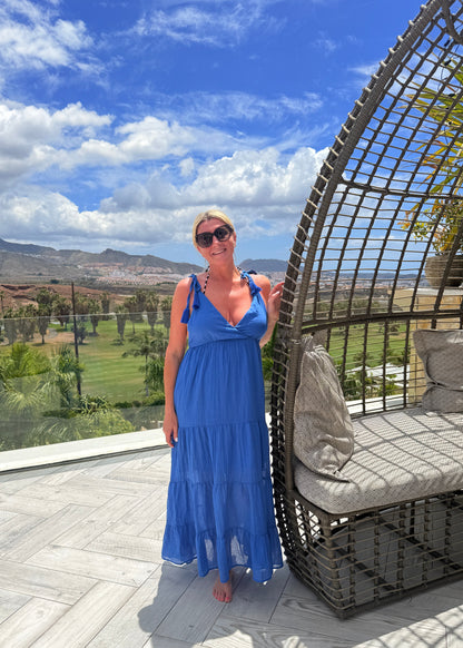 Cobalt Blue Tie Strap Tiered Maxi Dress