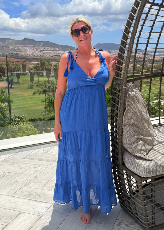 Cobalt Blue Tie Strap Tiered Maxi Dress