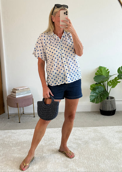 Royal Blue Polka Dot Frill Sleeve Blouse