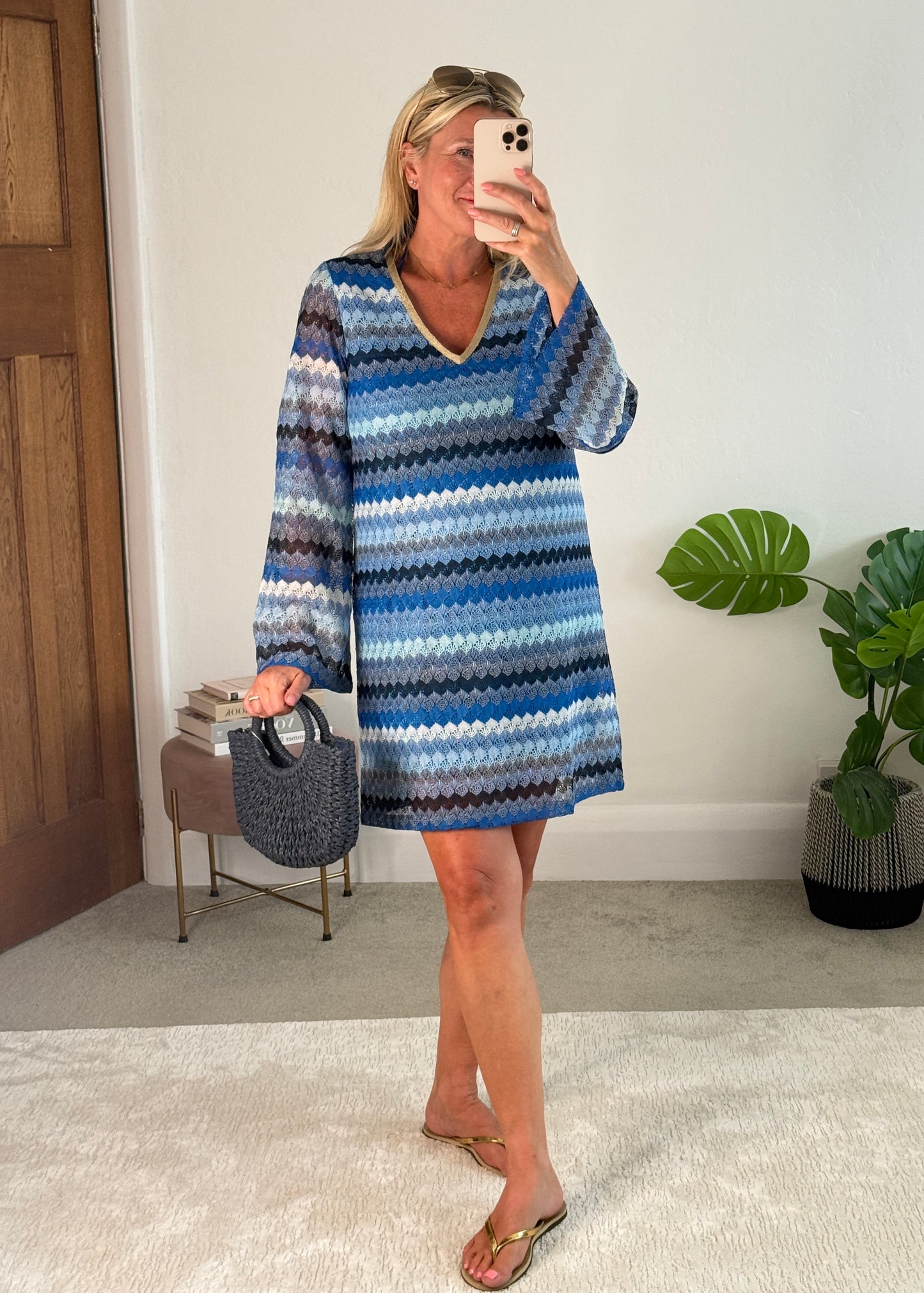 Blue Wavy Crochet Shift Dress