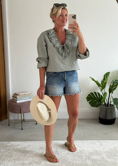 Khaki Gingham Ruffle Blouse