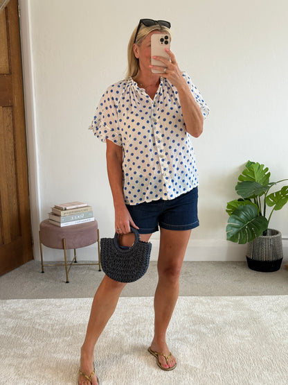 Royal Blue Polka Dot Frill Sleeve Blouse