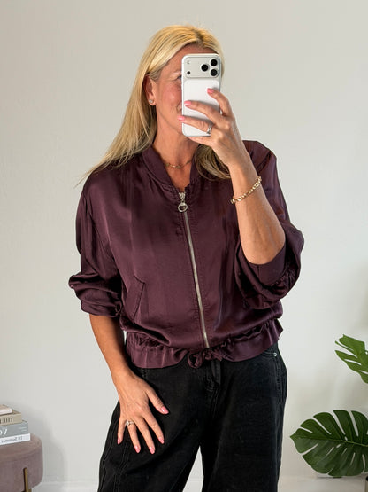 Plum Satin Drawstring Bomber Jacket