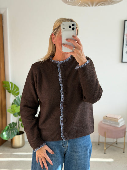Chocolate/Blue Floral Frill Trim Cardigan