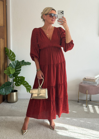 Navy Heritage Check V-Neck Tiered Dress