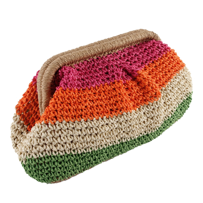 Navy Straw & Multicolour Pouch Bag