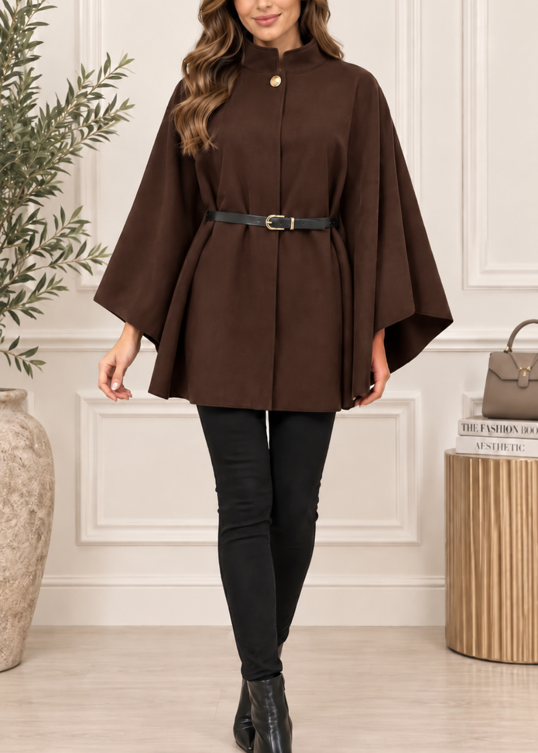 Black Funnel Neck Belted Cape Jacket