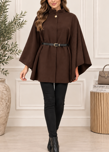 Black Funnel Neck Belted Cape Jacket