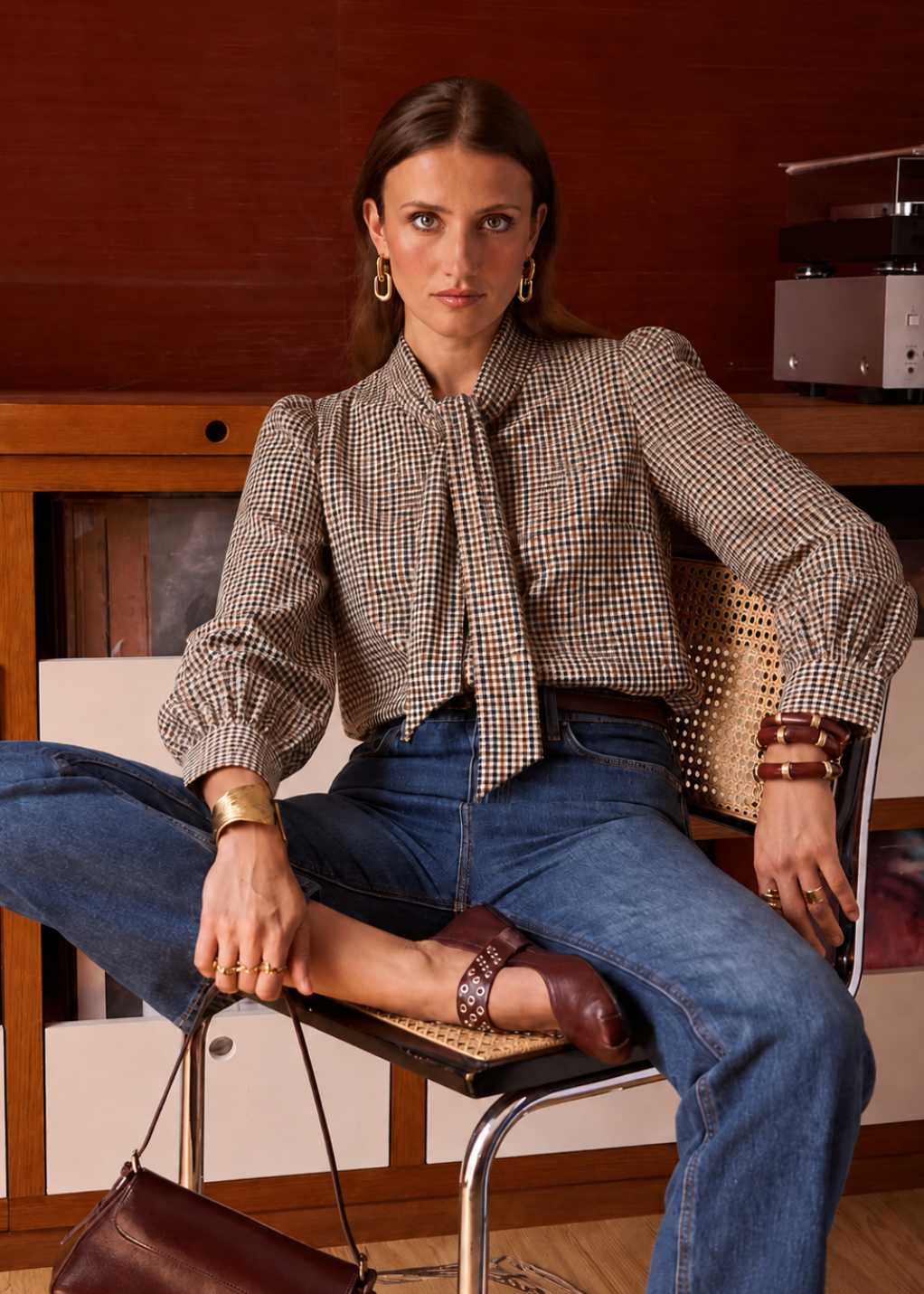 Heritage Check Tie Neck Puff Sleeve Blouse