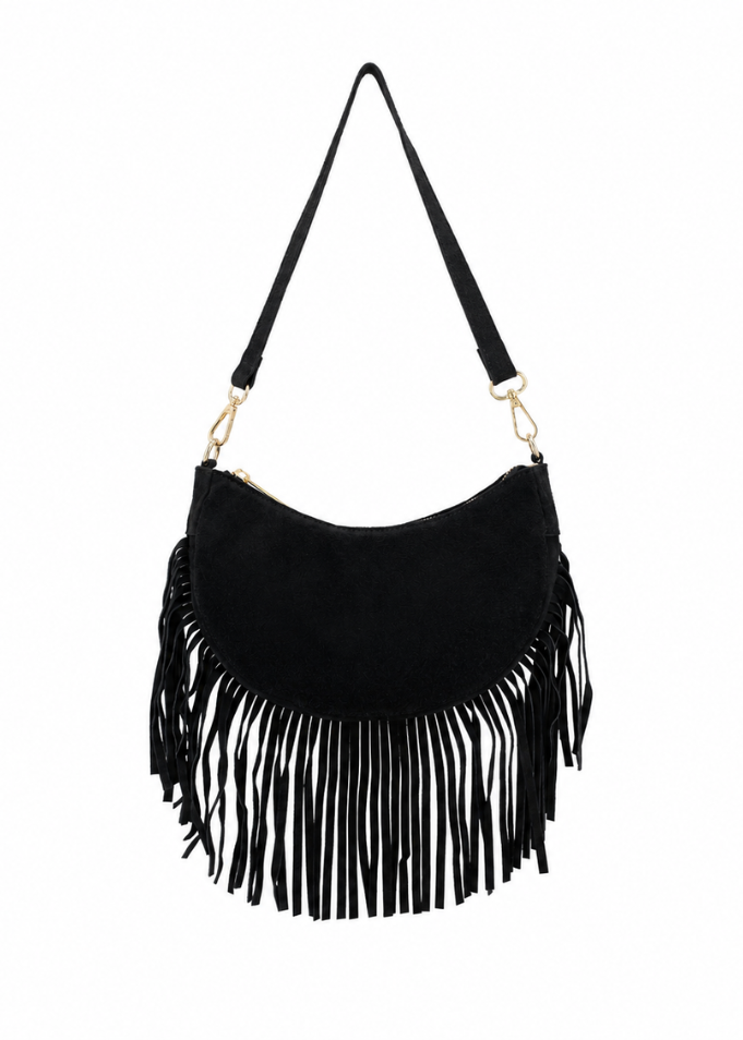 Taupe Suede Fringe Shoulder Bag