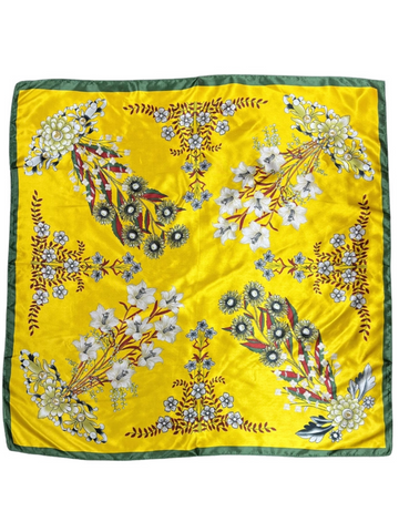 Yellow Multi-Floral Pattern Silk Touch Square Scarf