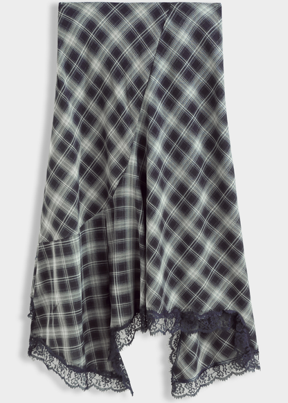 Black/Grey Tartan Lace Trim Midi Skirt