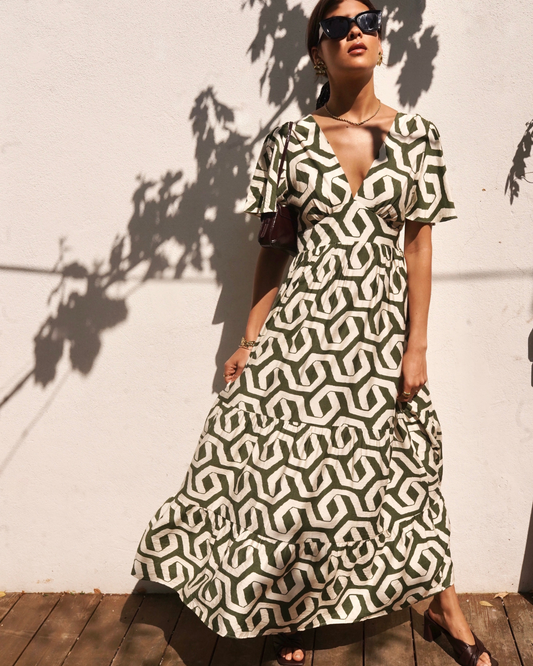 Khaki Retro Geometric Print Maxi Dress