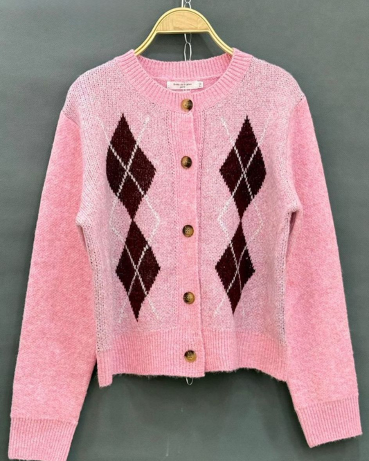 Pink/Burgundy Argyle Cardigan