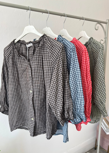 Navy Gingham 3/4 Sleeve Blouse