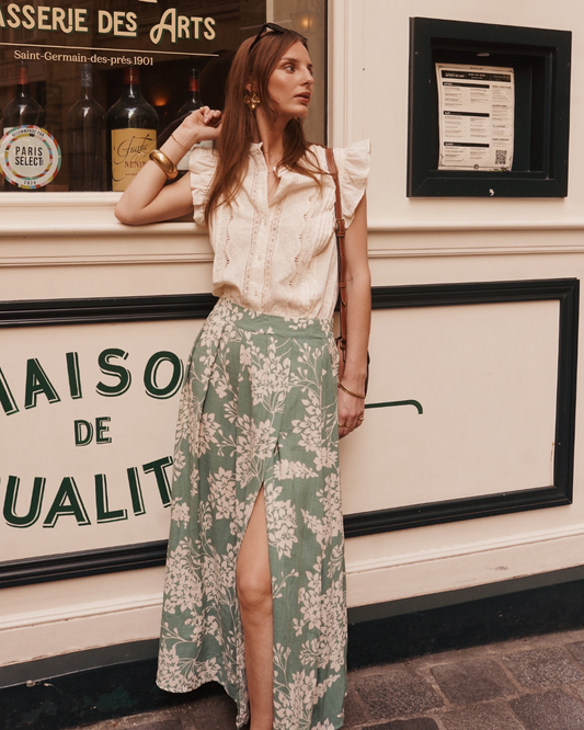 Sage/Oatmeal Botanical Floral Midi Skirt