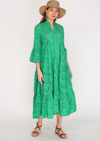 Green Broderie Anglaise Tiered Cotton Dress