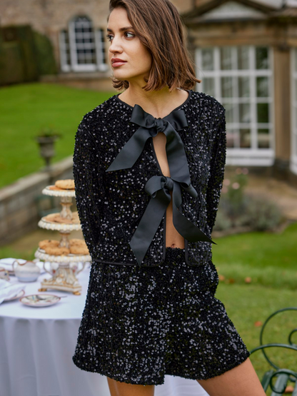 Lanika Black Bow Tie Front Sequin Jacket