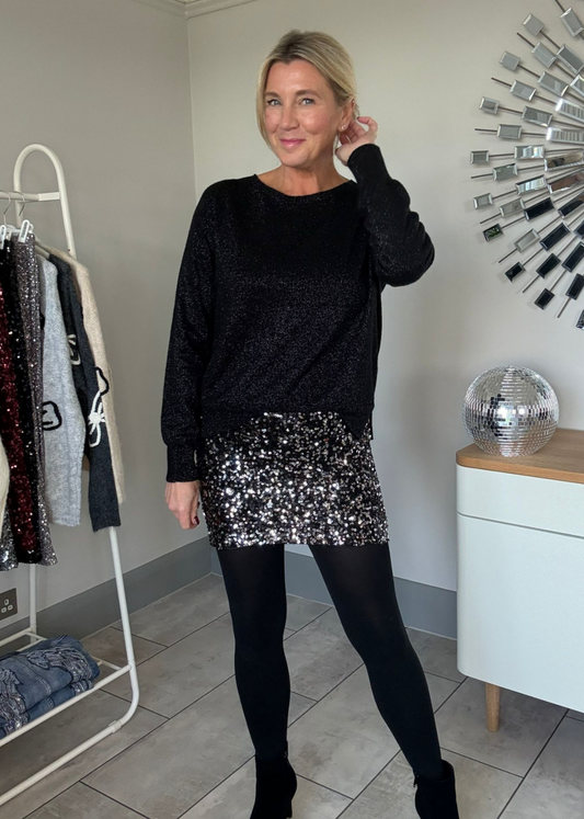 Black/Silver Sequin Mini Skirt