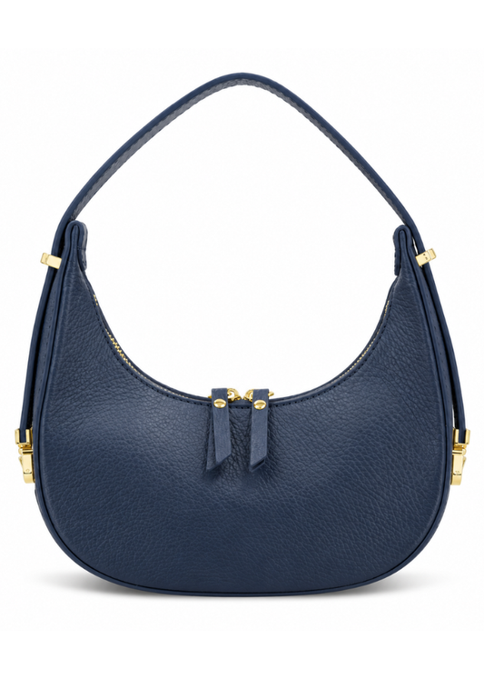 Navy Leather Small Round Shoulder Bag