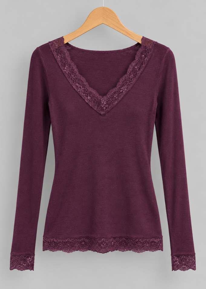 Plum Cashmere Mix Lace Trim Layering Top