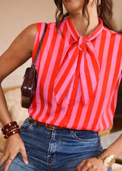Pink/Red Stripe Tie-Neck Blouse - PRE ORDER