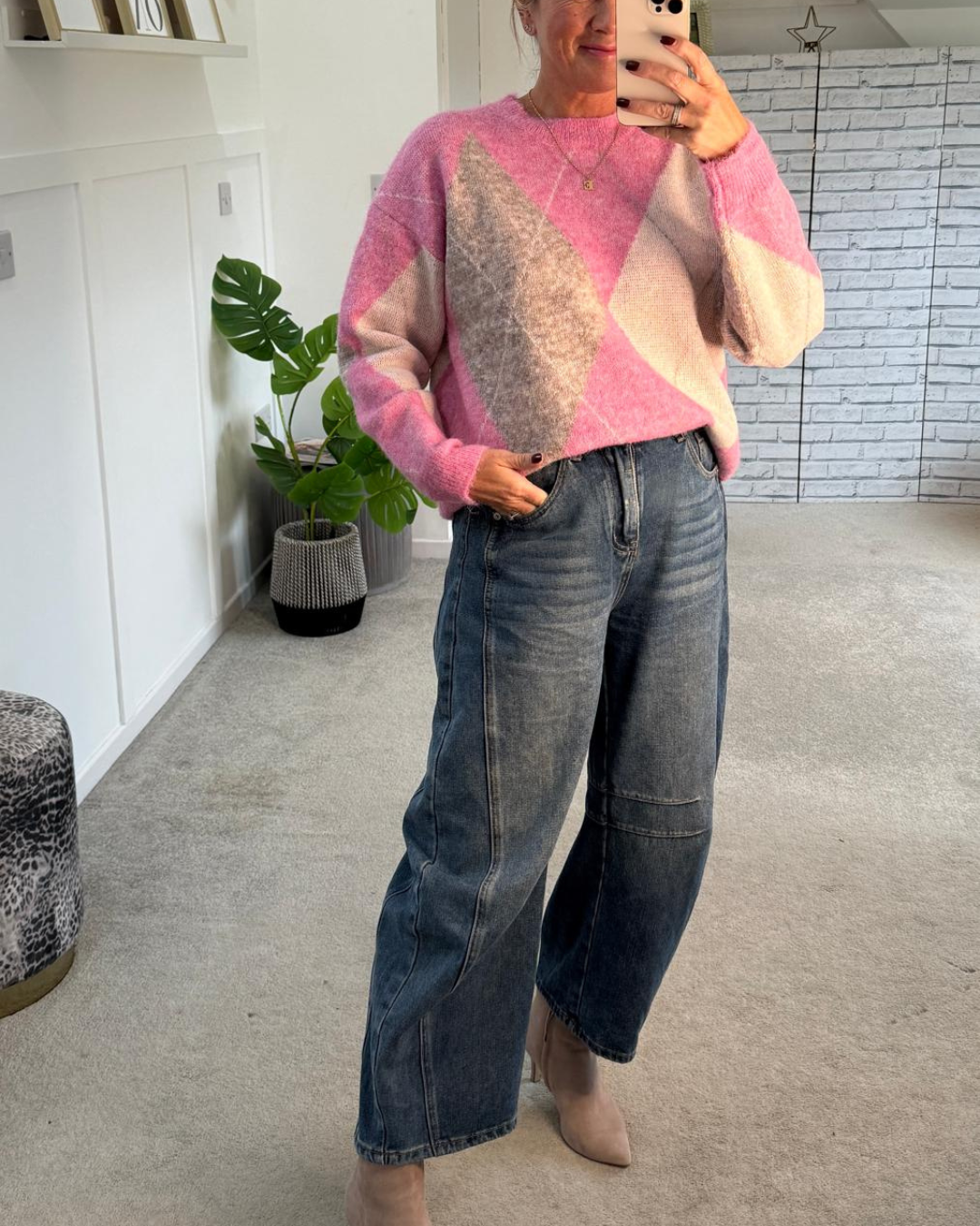 Pink Argyle Crew Neck Jumper