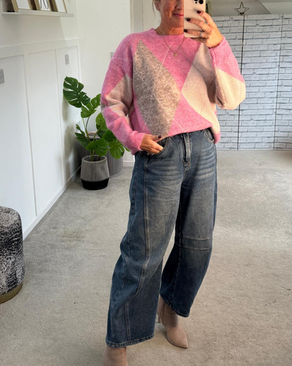 Pink Argyle Crew Neck Jumper