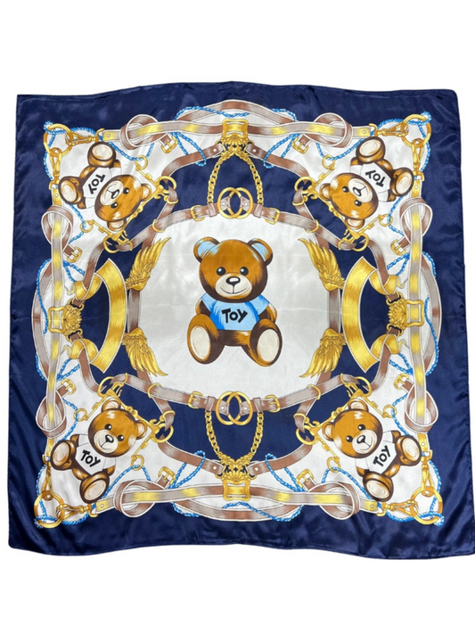 Navy Bear Pattern Silk Touch Square Scarf