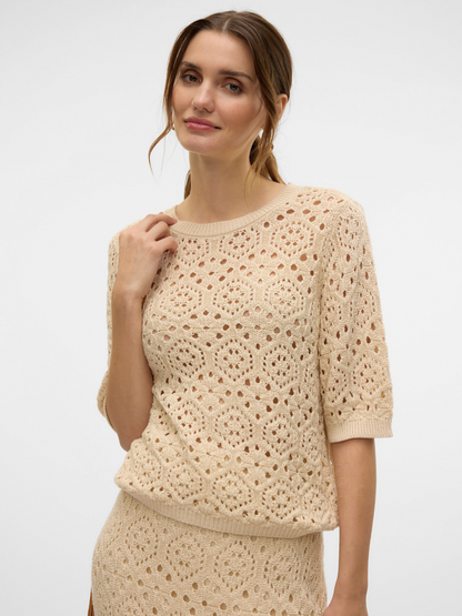 Sand Crochet Short Sleeve Jumper