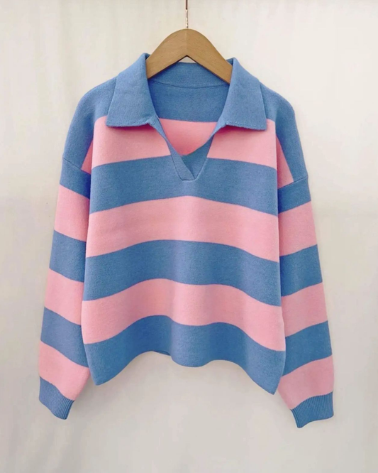 Sky Blue/Pink Stripe Polo Top