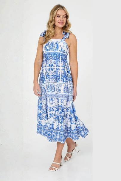 Blue Baroque Tie Strap Dress