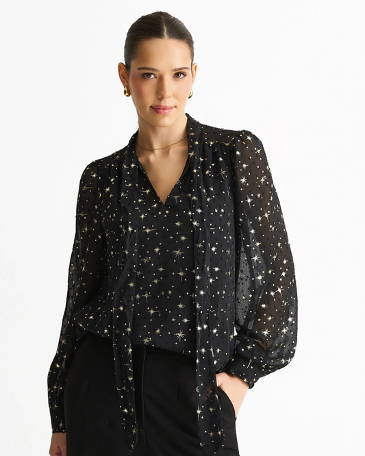 Black Dobby Star Chiffon Tie Neck Blouse