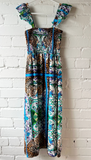 Blue Frill Shoulder Printed Midi Dress