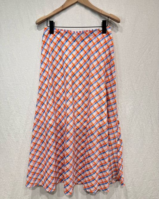 Orange/Blue Retro Check Flared Midi Skirt