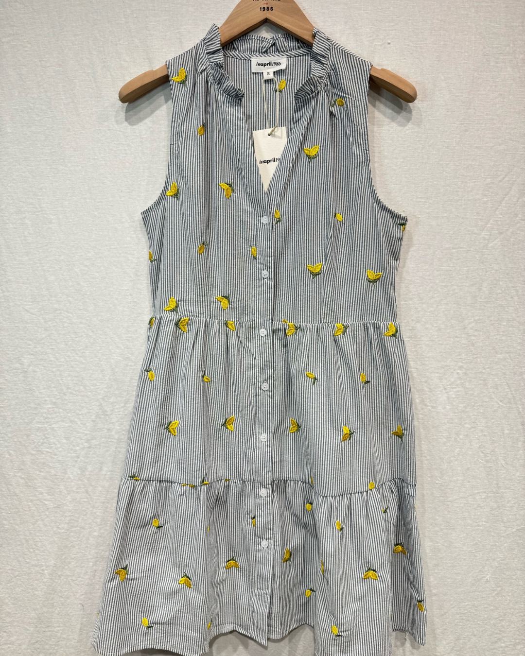 Navy Stripe Lemon Embroidered Tiered Dress