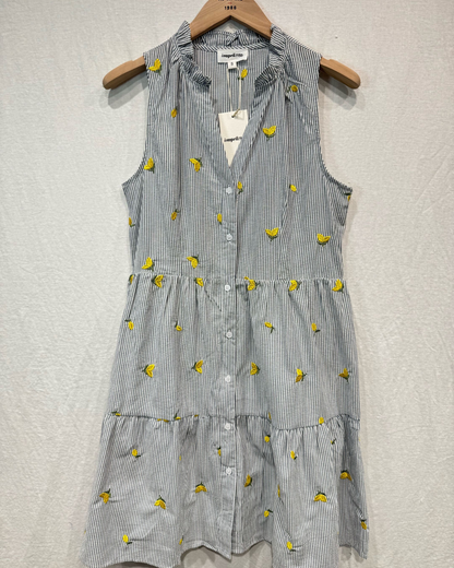 Navy Stripe Lemon Embroidered Tiered Dress