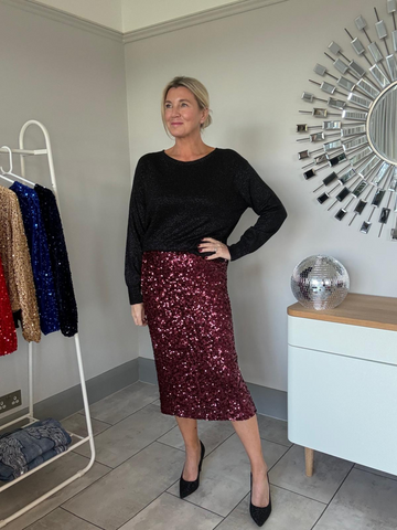 Burgundy Luxe Sequin Pencil Skirt