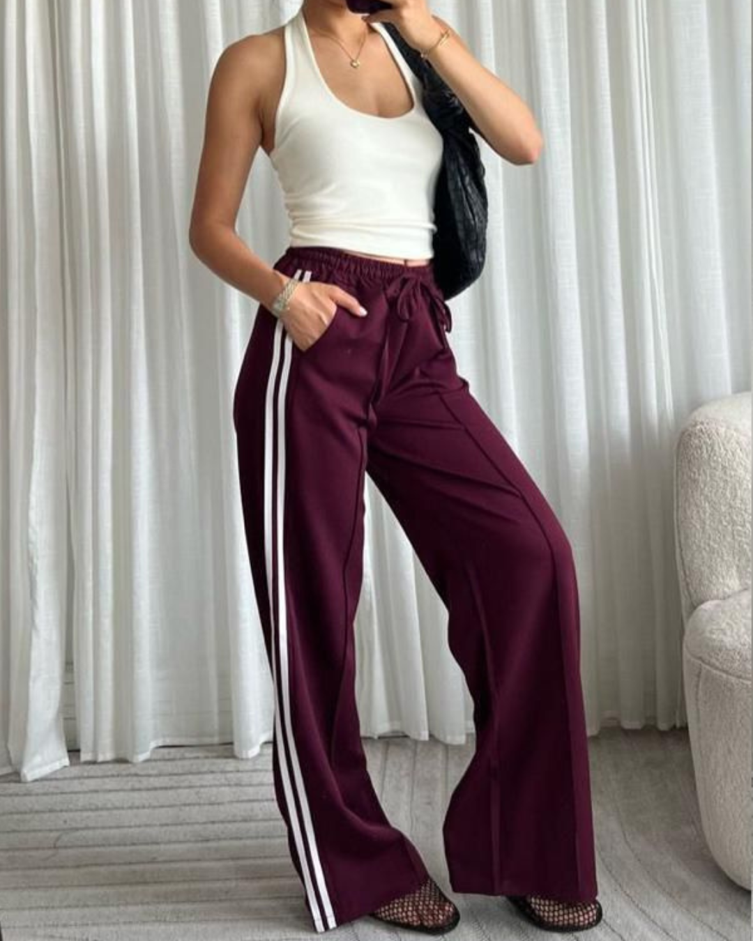 Grey Twill Double Stripe Wide Leg Trousers