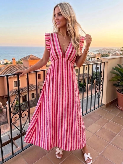 Pink/Red Stripe Cheesecloth Frill Sleeve Maxi Dress (Pre-Order)