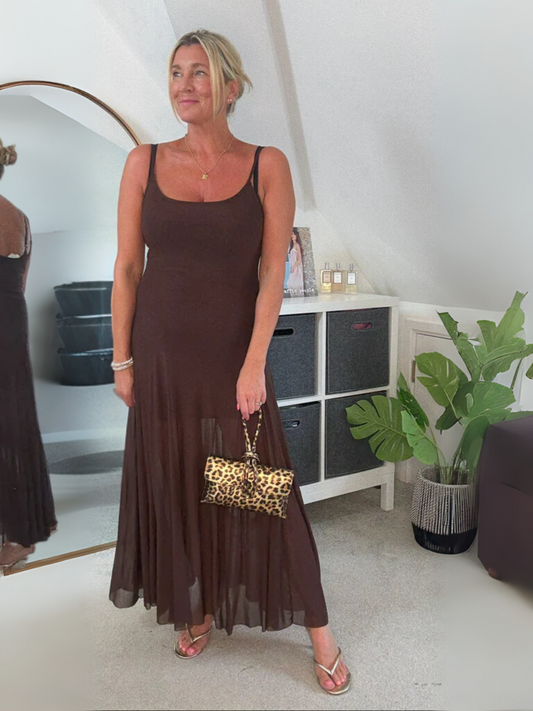 Chocolate Strappy Mesh Maxi Dress