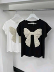 Cream Crochet Bow T Shirt