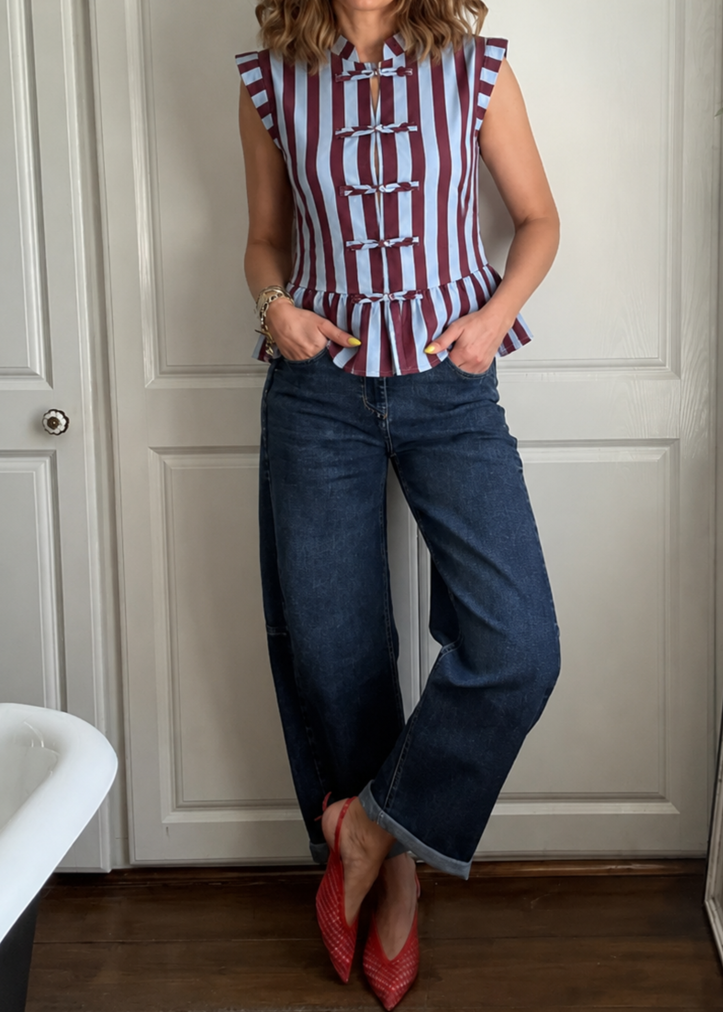 Blue/Plum Mandarin Collar Stripe Peplum Top