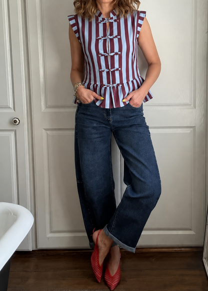 Blue/Plum Mandarin Collar Stripe Peplum Top