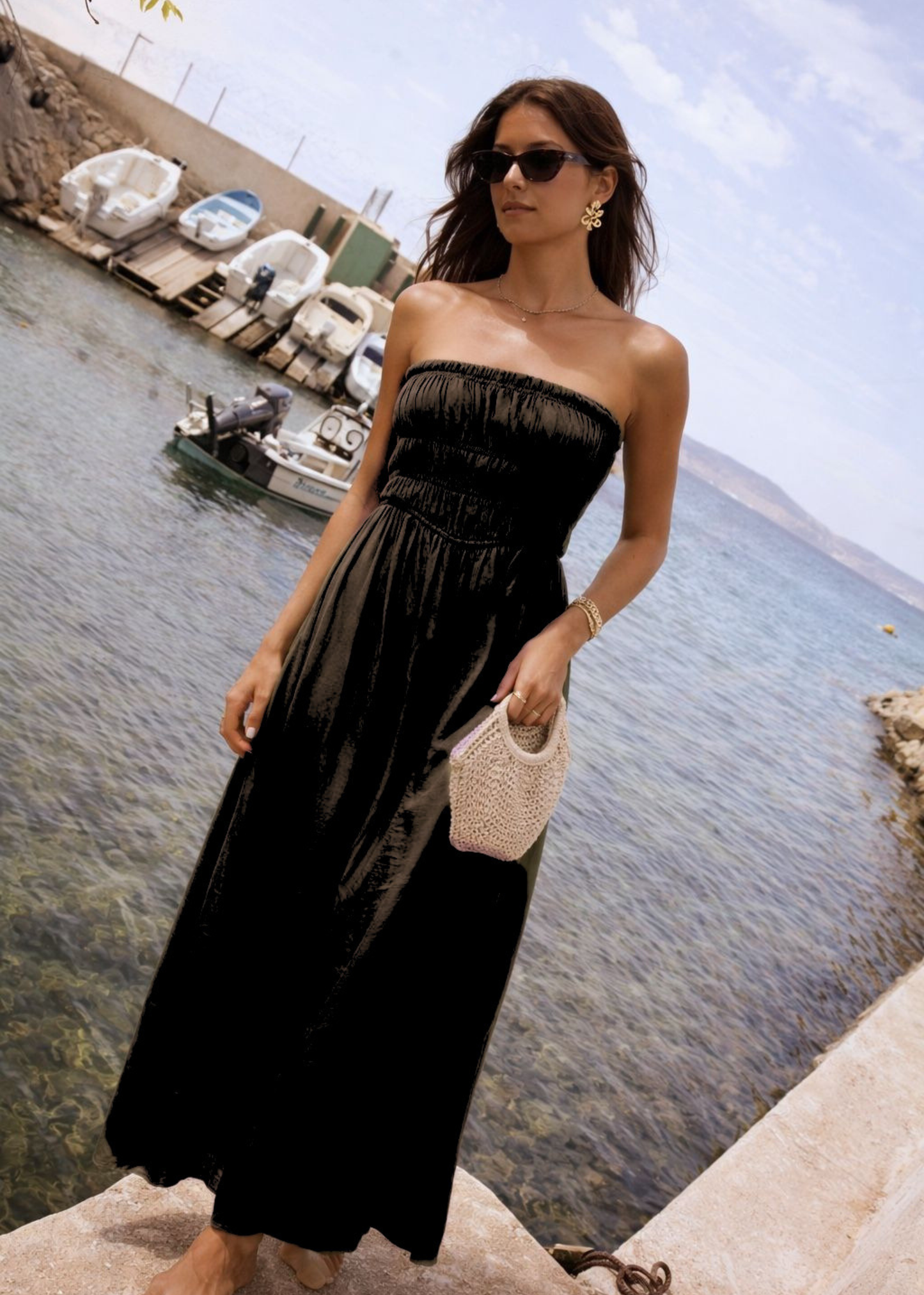 Khaki Strapless Shirred Dress