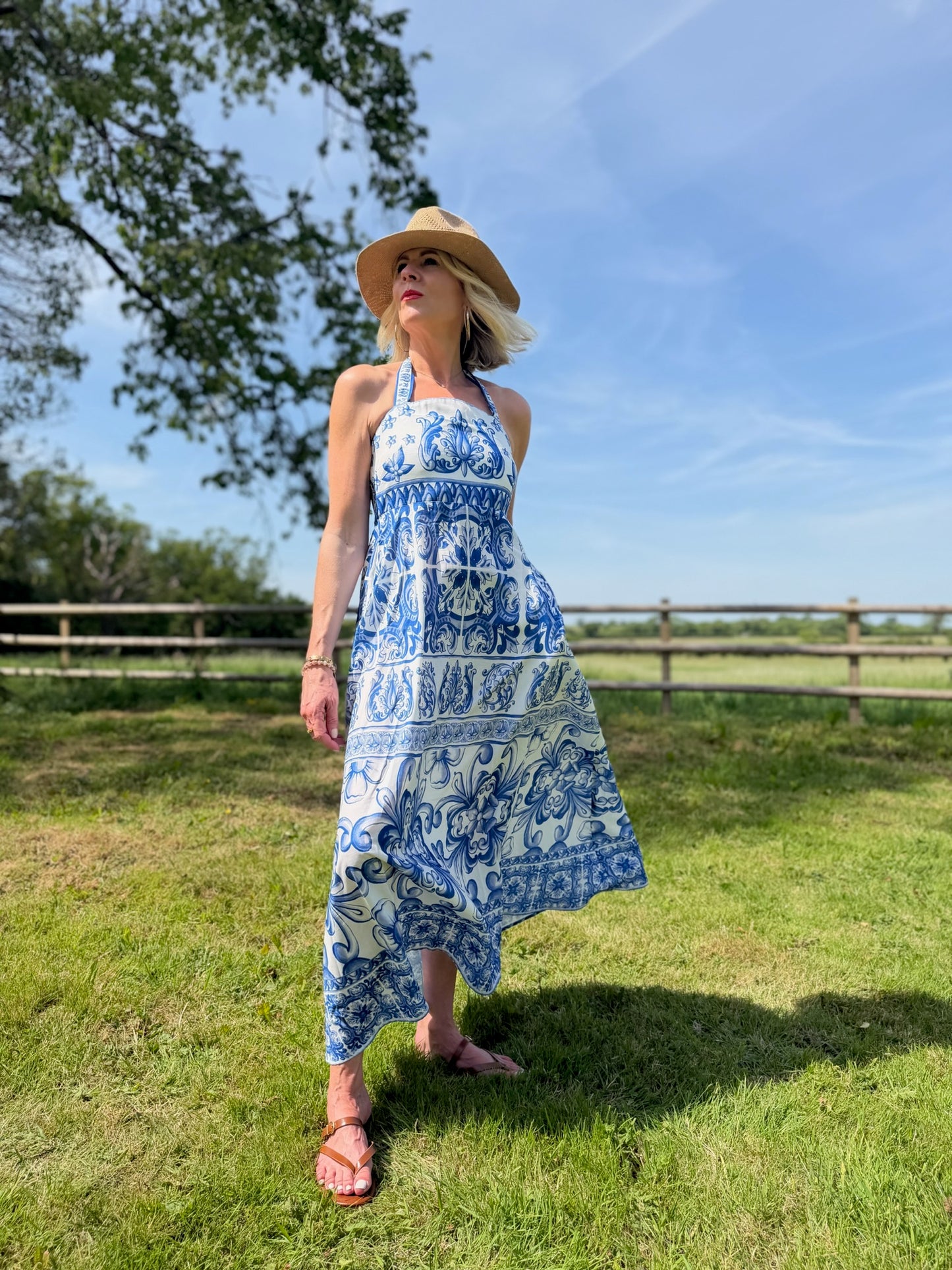 Blue Baroque Tie Strap Dress