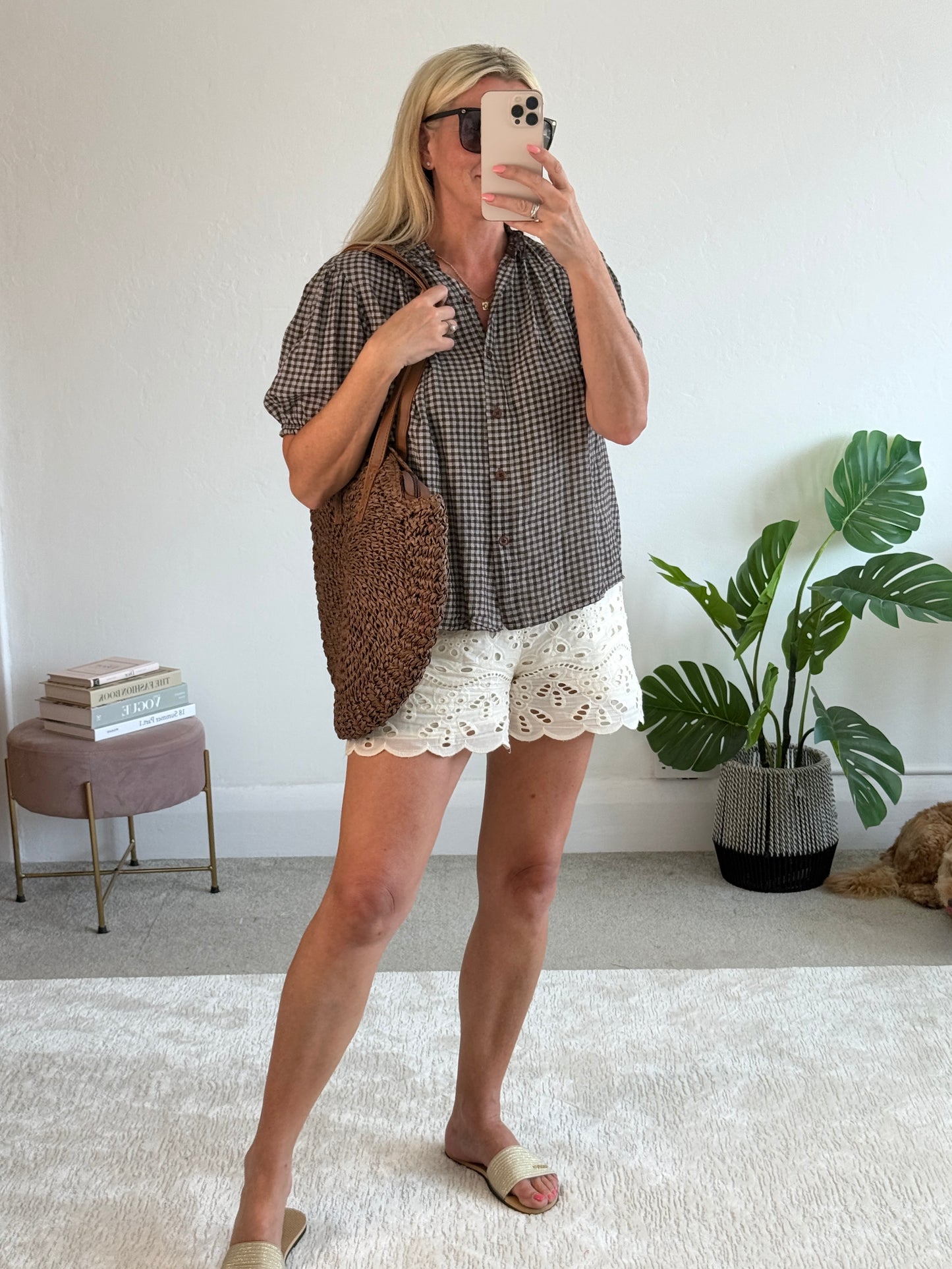 Chocolate Gingham Frill Sleeve Blouse